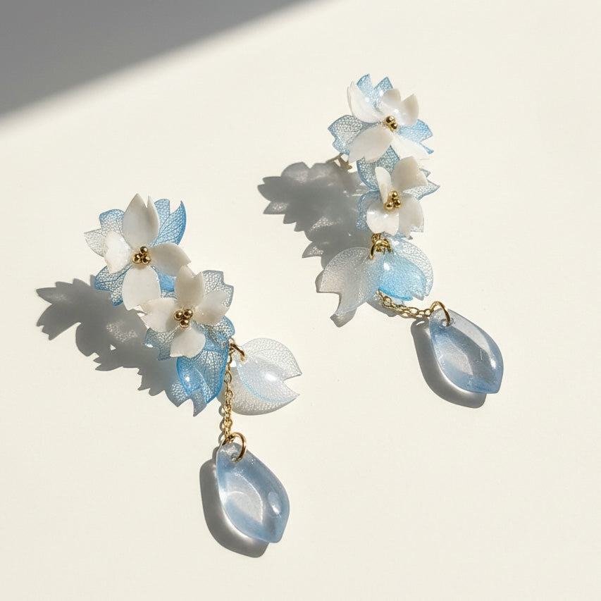 Pair of floral earrings with blue and white flowers on a light background