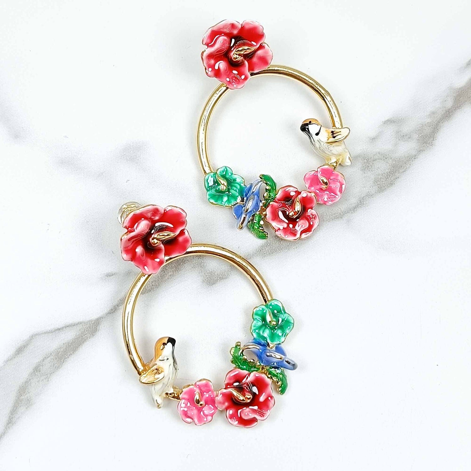 Bird Sakura Flower Earrings