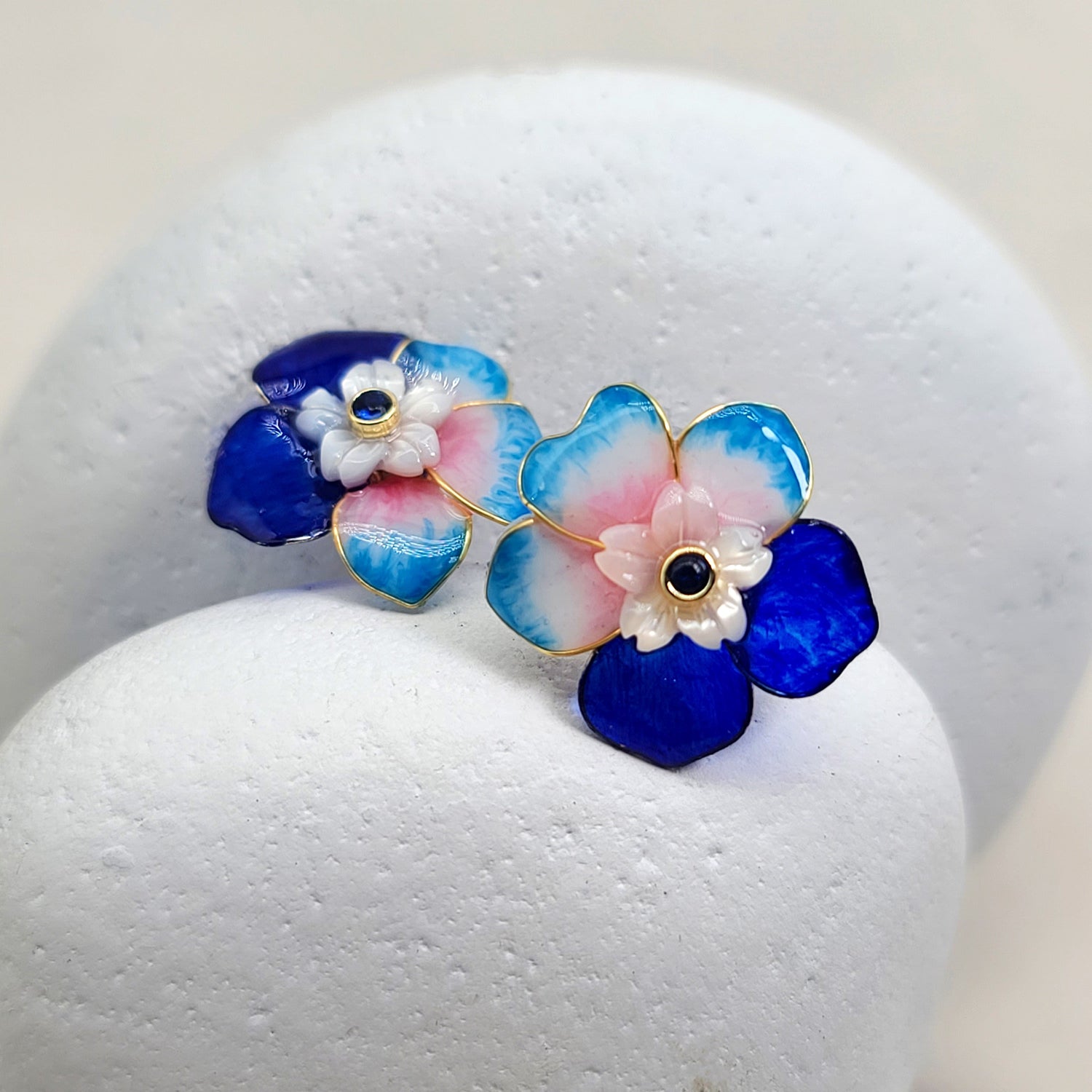 Handpainted Floral Stud Earrings with CZ & MOP Flowers