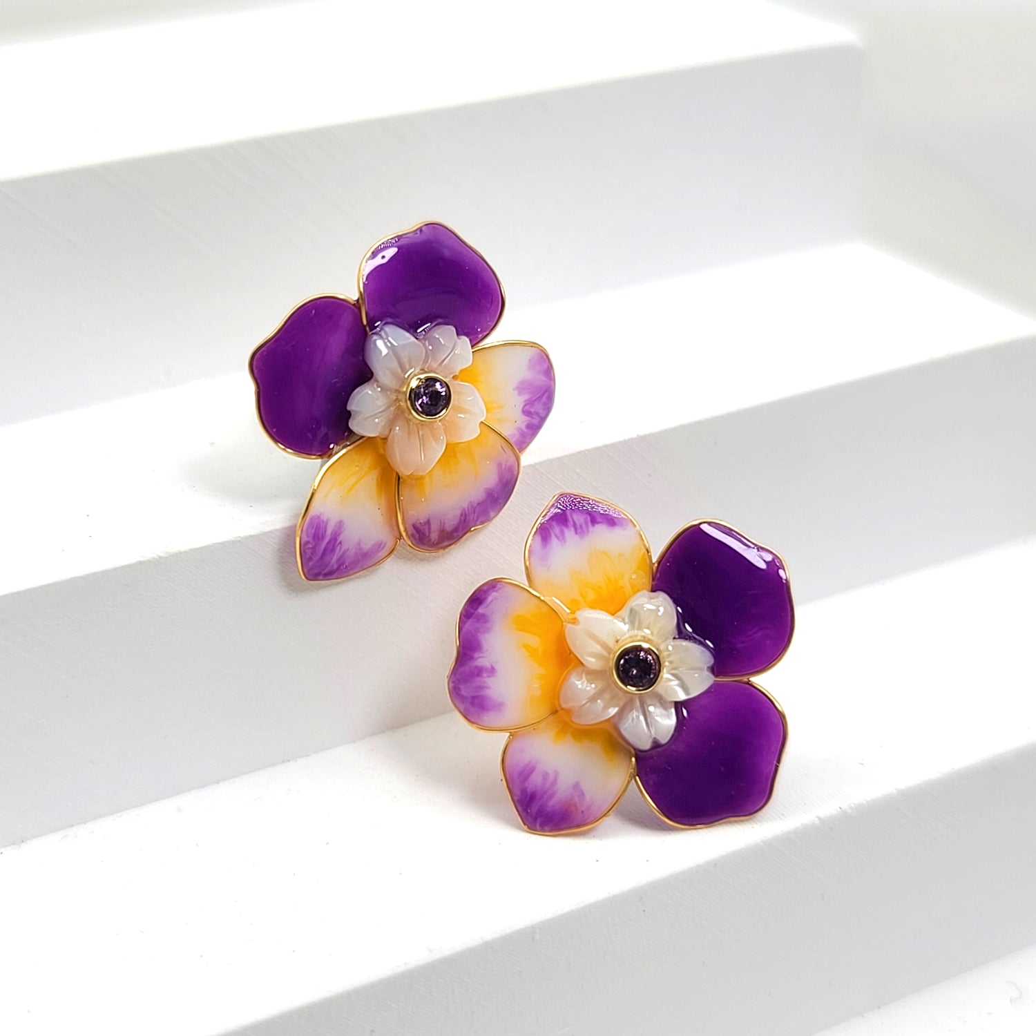 Handpainted Floral Stud Earrings with CZ & MOP Flowers