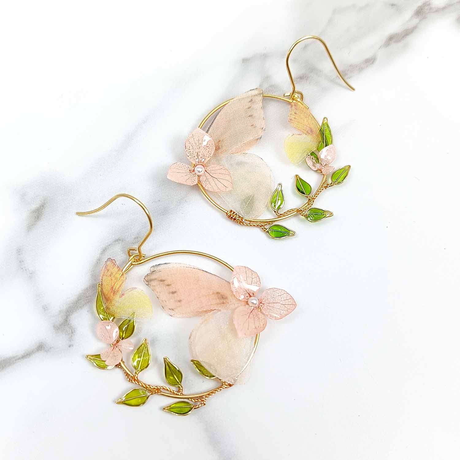 Pink Butterfly Hydrangea Flower Hoop Earrings