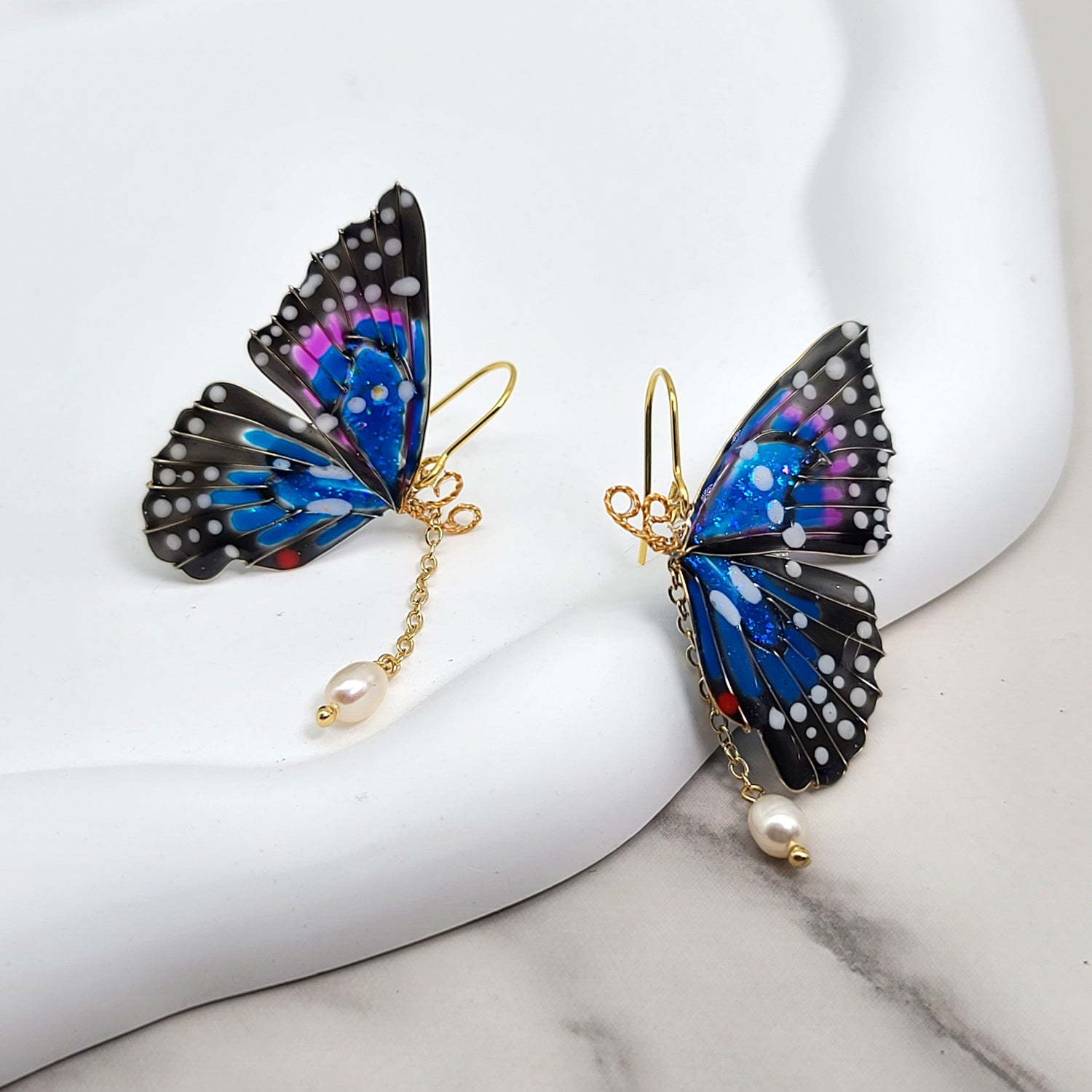 Handpainted Blue Iridescent Butterfly Earrings