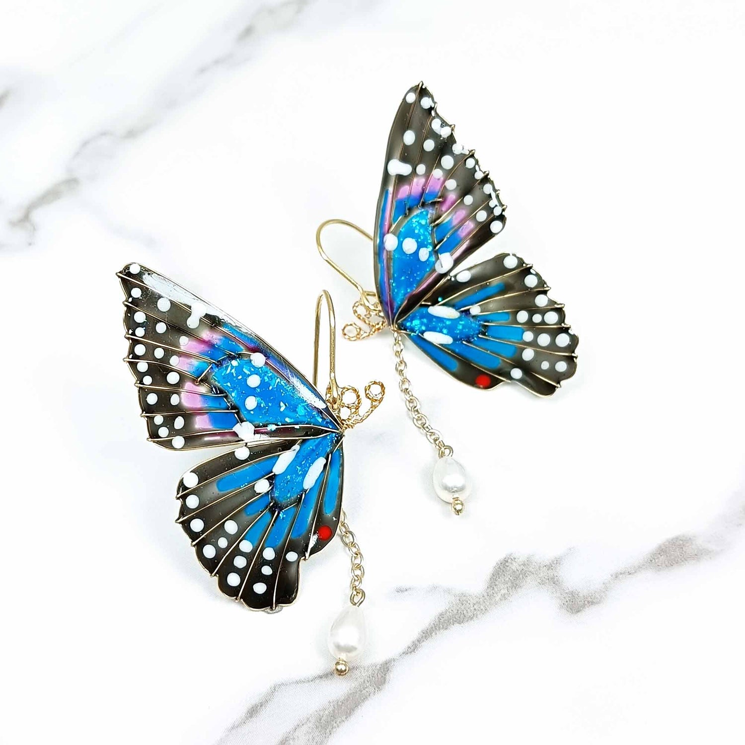 Handpainted Blue Iridescent Butterfly Earrings