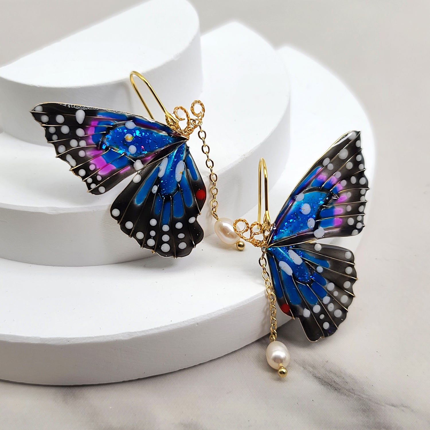 Handpainted Blue Iridescent Butterfly Earrings