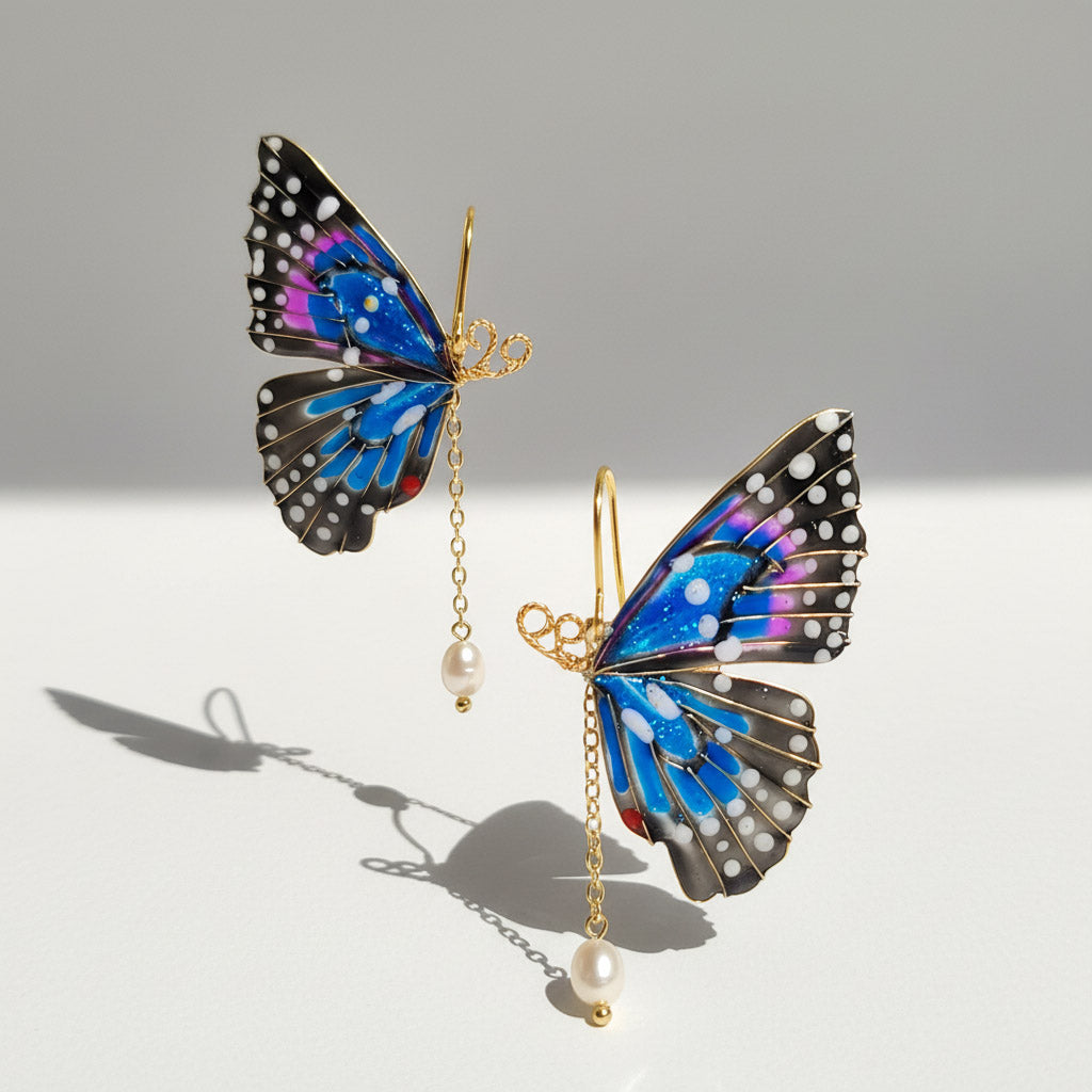 Butterfly-shaped earrings with pearl details on a light gray background