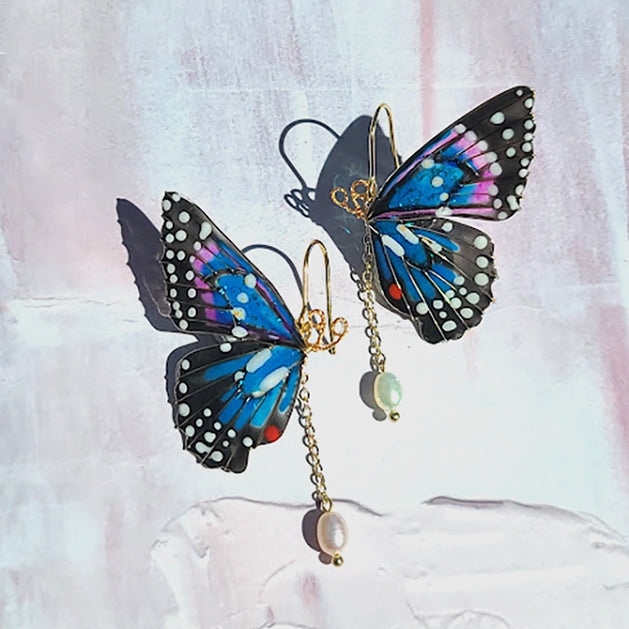 Handpainted Blue Iridescent Butterfly Earrings