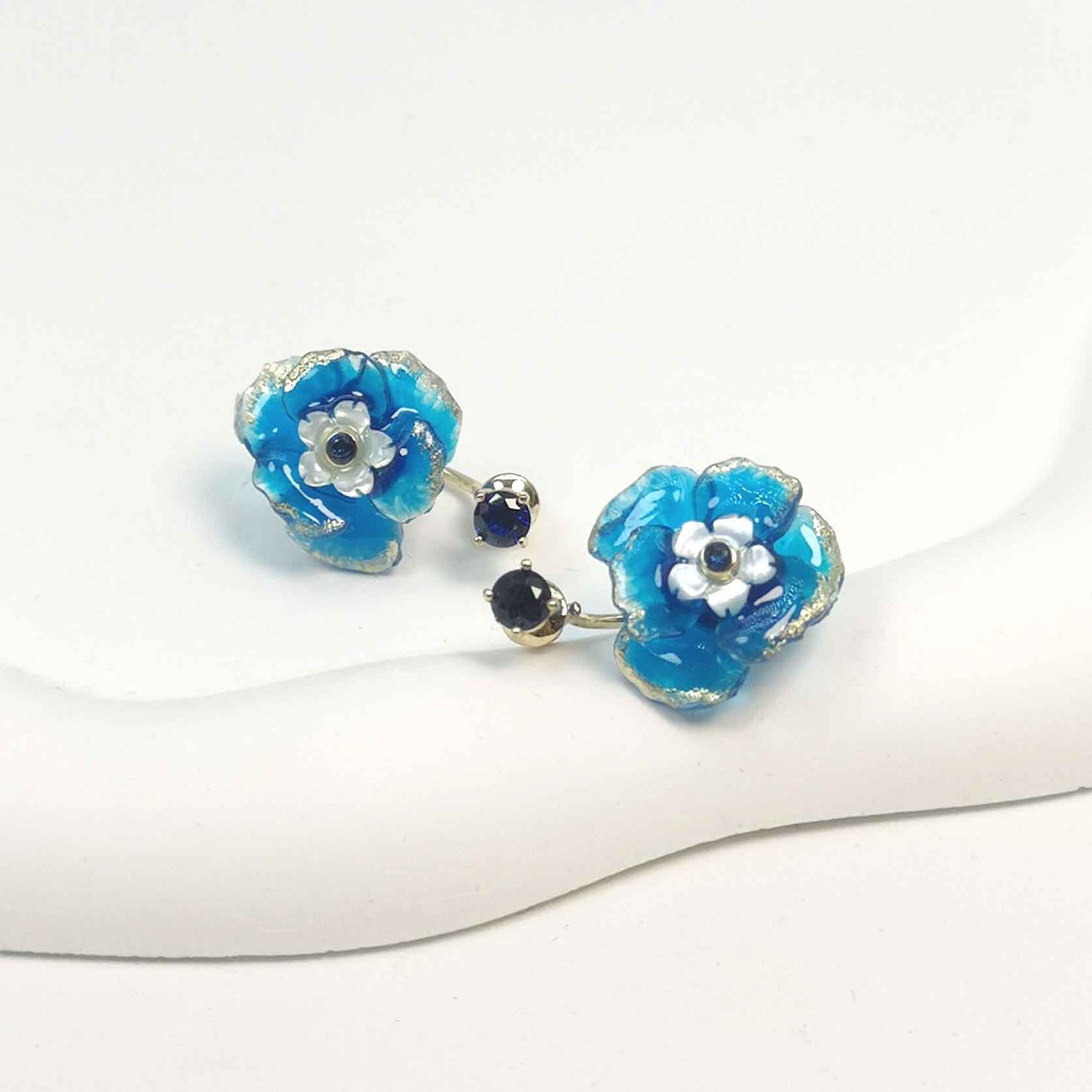 Blue Bloom Jacket Earrings – Handpainted Resin Floral Studs with Drop Design