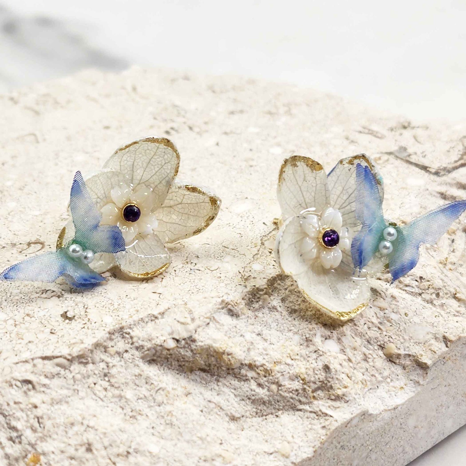 Hydrangea Flower Stud Earrings with Butterfly & Gold Foil Edges