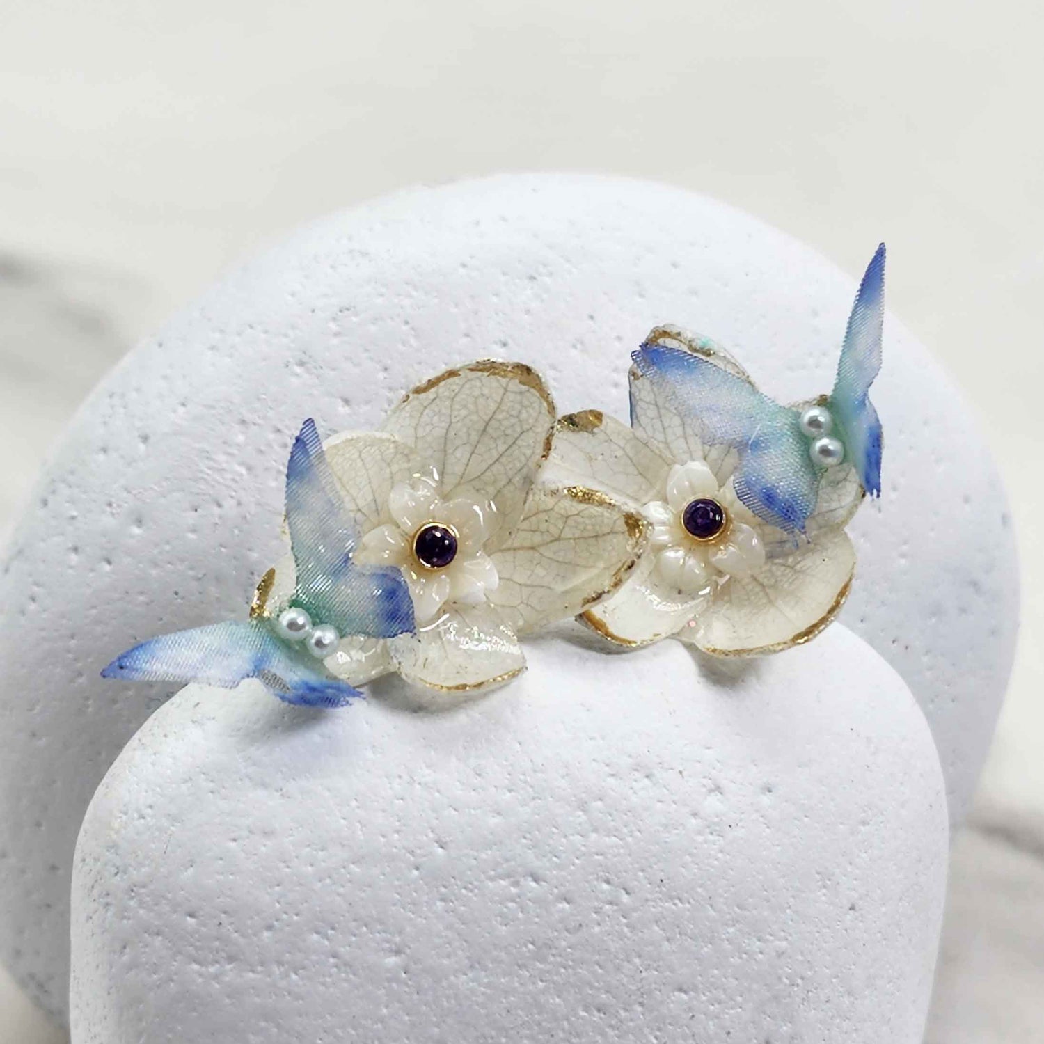 Hydrangea Flower Stud Earrings with Butterfly & Gold Foil Edges