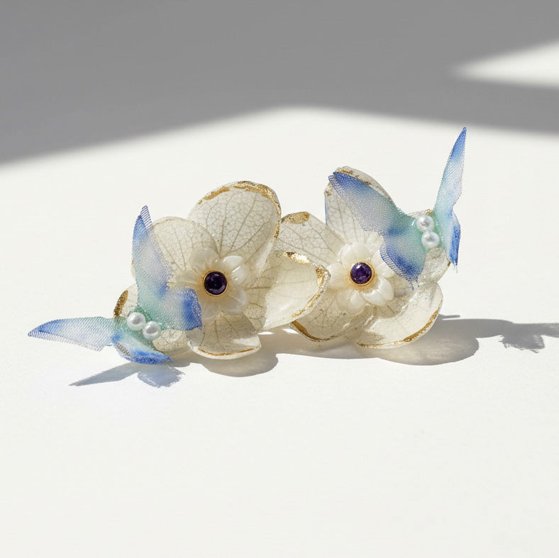 Decorative earrings with floral design and blue accents on a white background