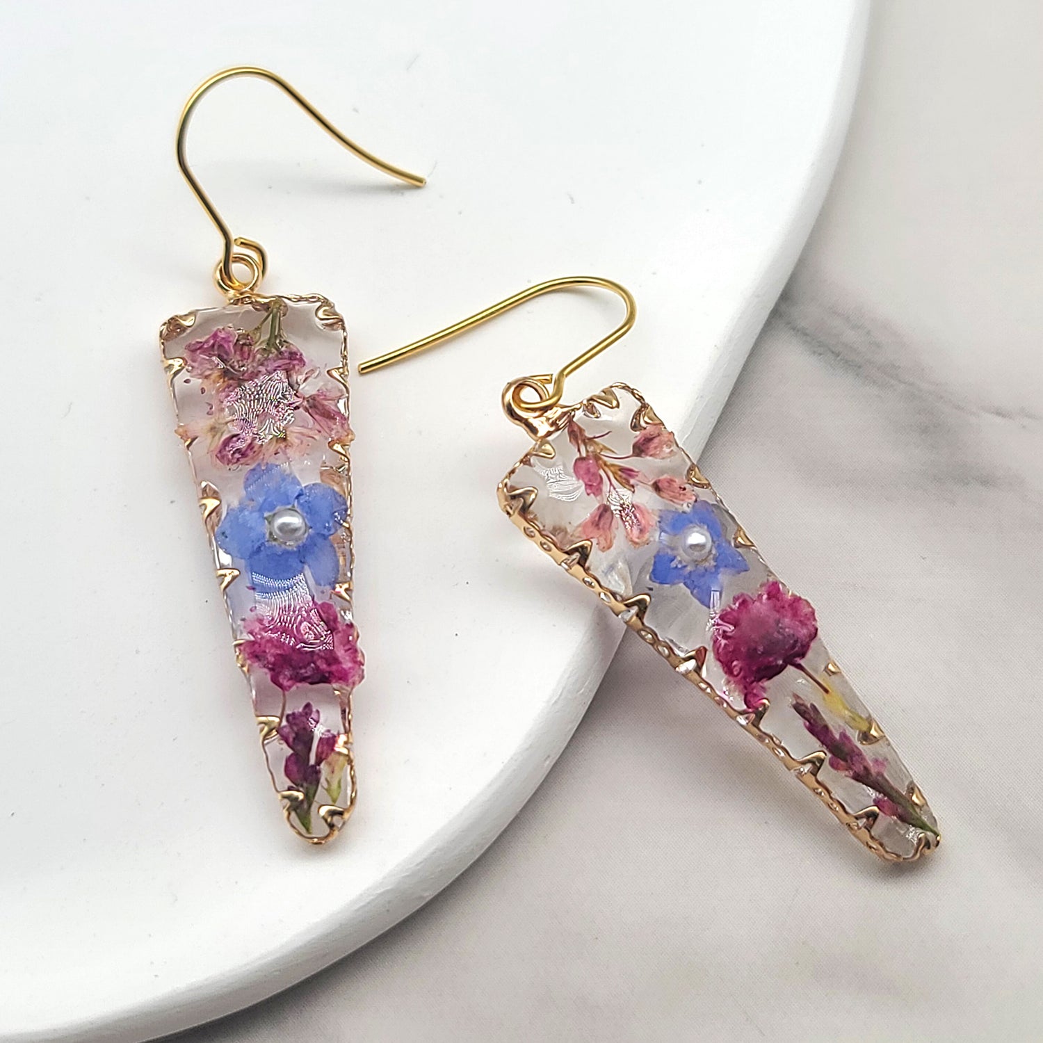 Forget Me Not Dried Flower Resin Lace Bezel Earrings