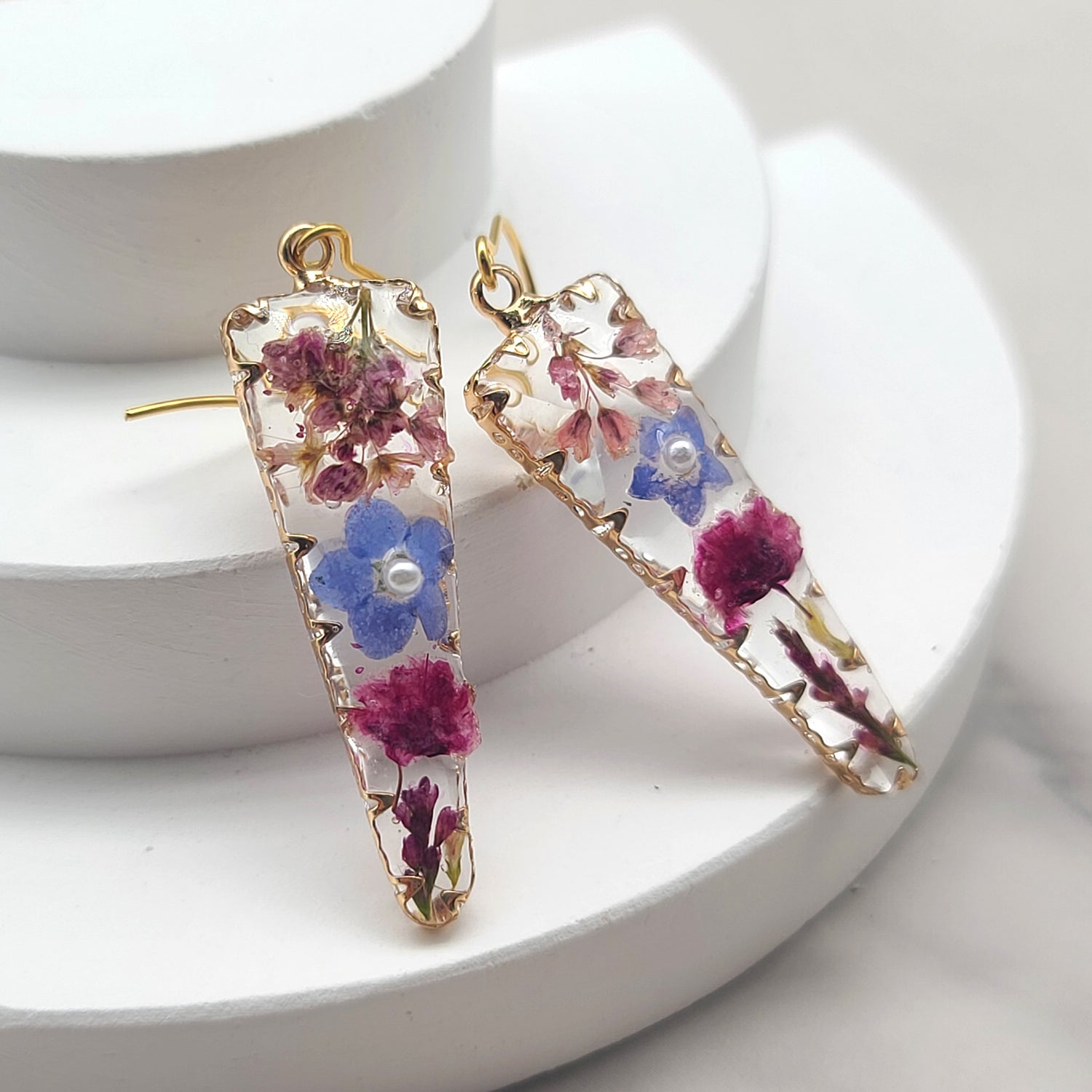 Forget Me Not Dried Flower Resin Lace Bezel Earrings