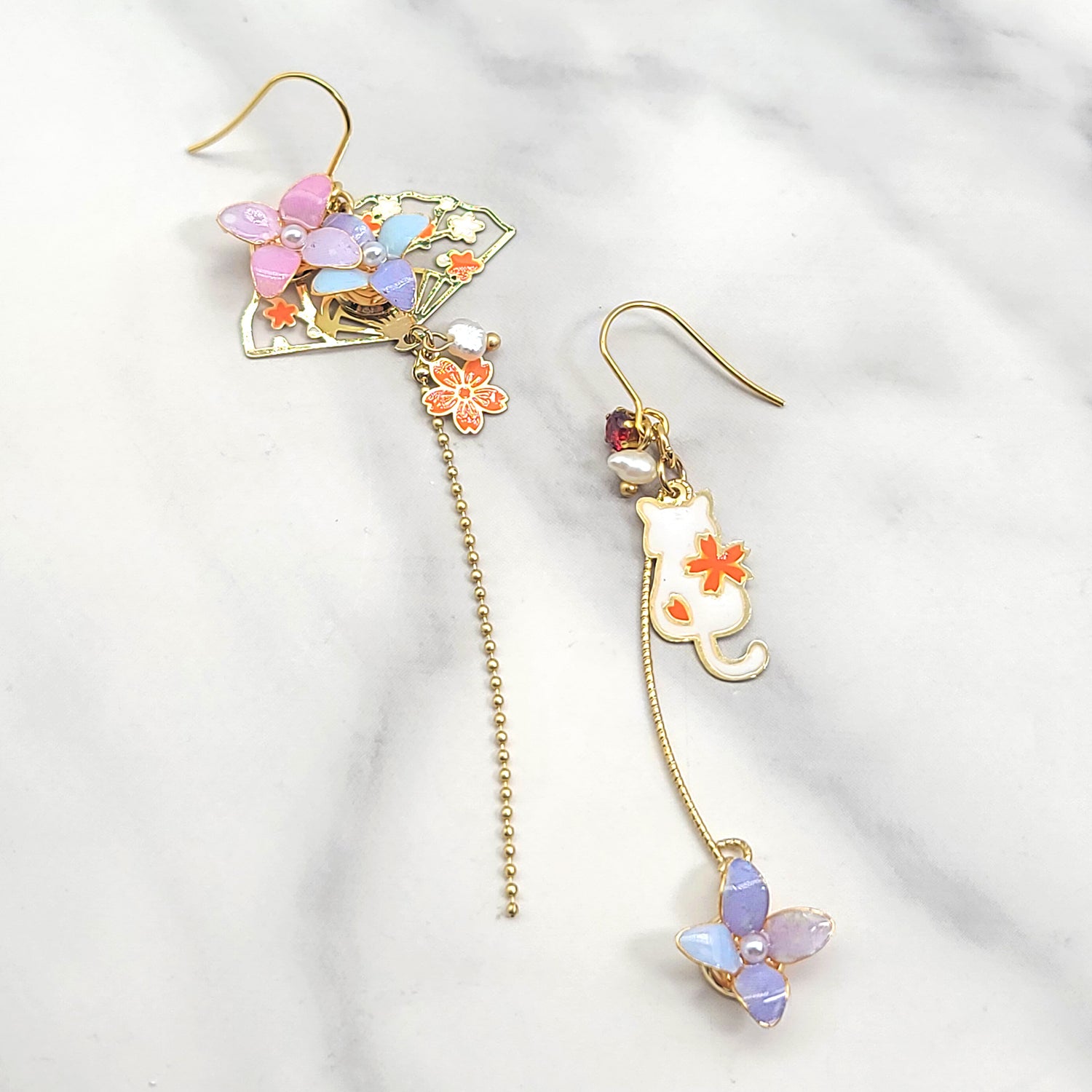 Japanese Sakura Cat Flower Dangle Earrings