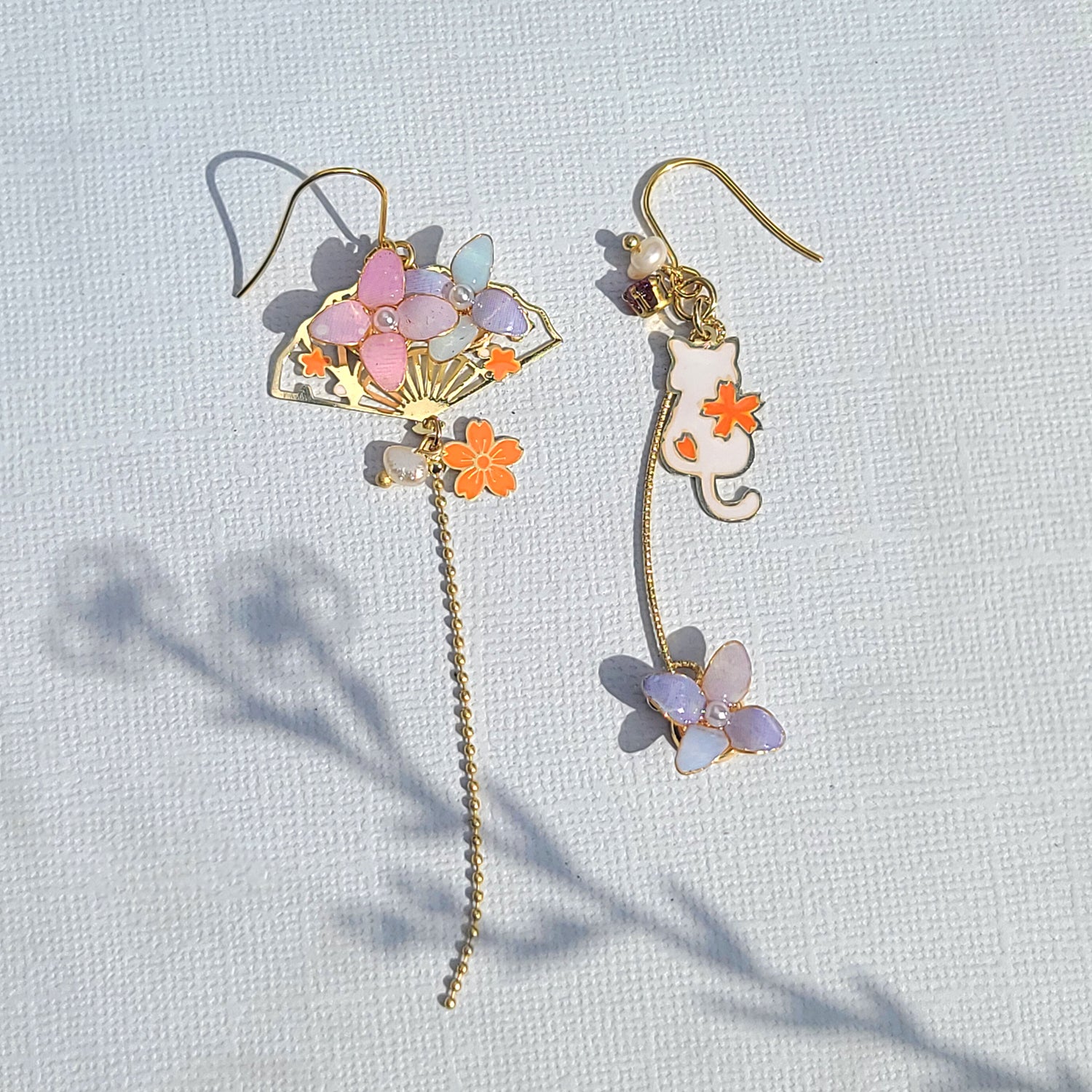 Japanese Sakura Cat Flower Dangle Earrings