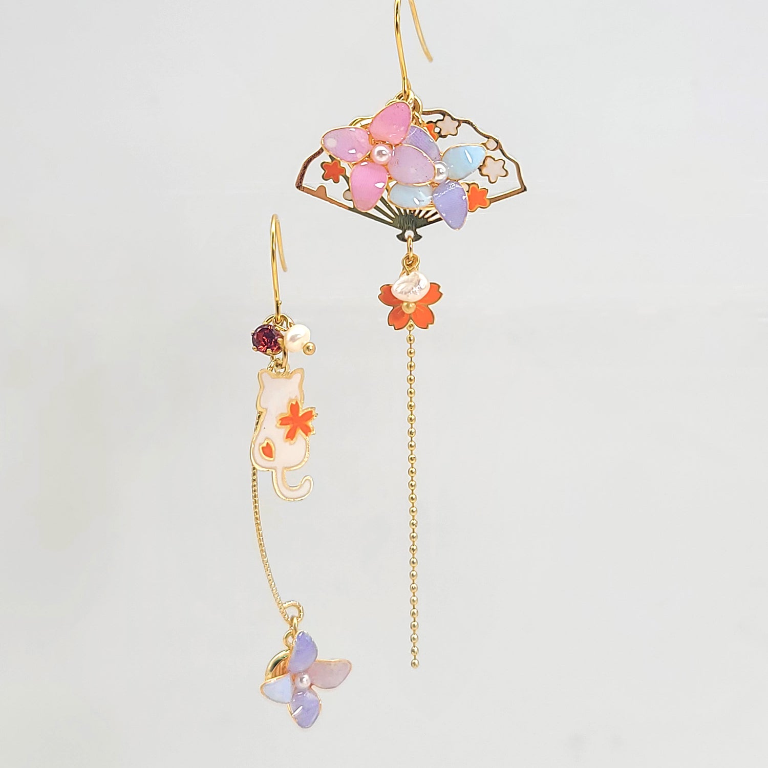 Japanese Sakura Cat Flower Dangle Earrings