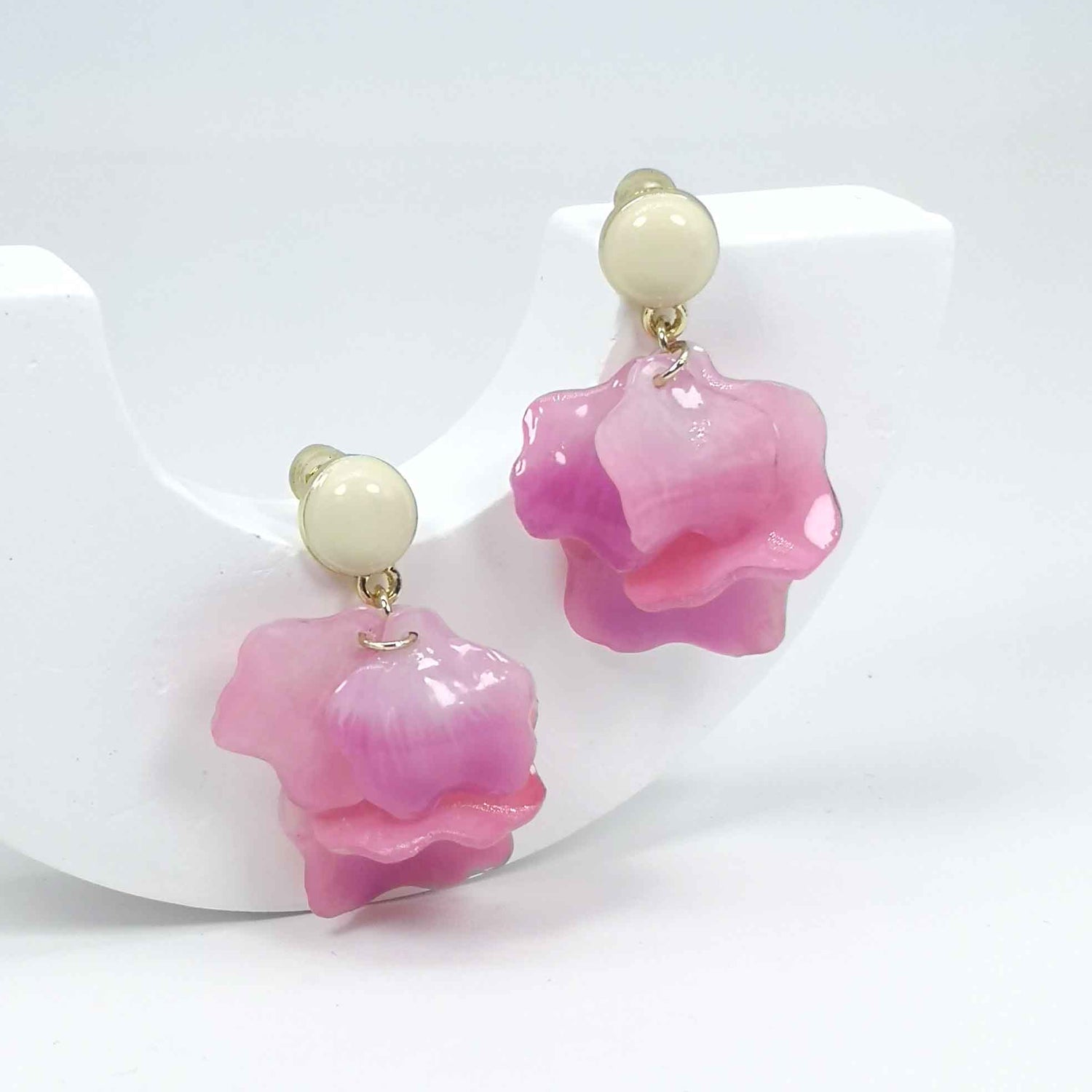 Pink Layered Flower Drop Earrings – Handpainted Resin Petals, Gold Plated Studs