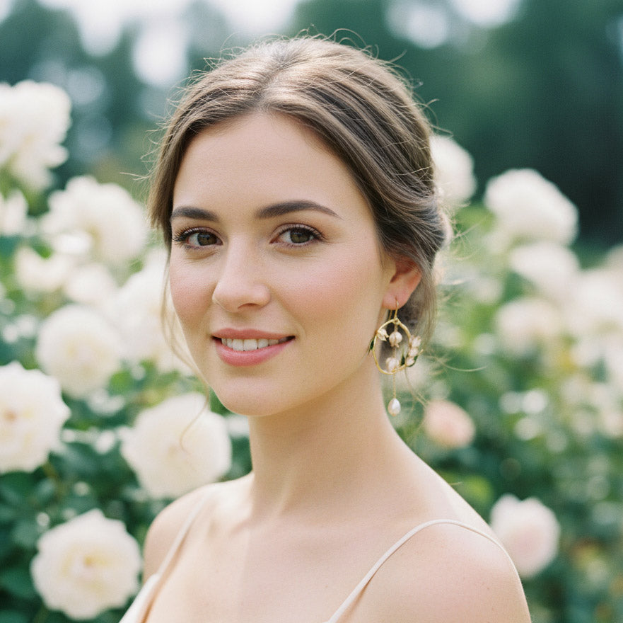 Woman with earrings standing in front of white flowers