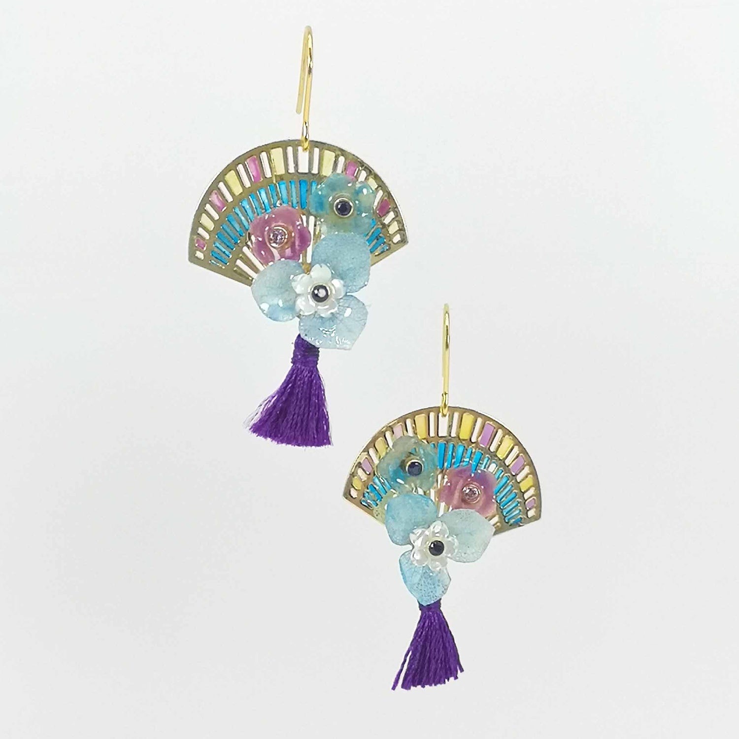 Handpainted Fan Earrings with Tassel & Mother of Pearl Flowers