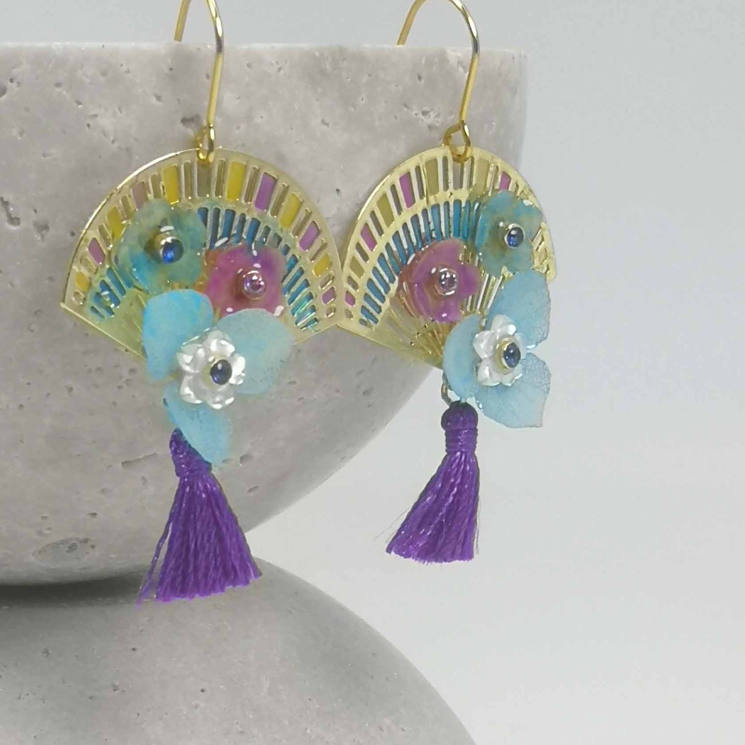 Handpainted Fan Earrings with Tassel & Mother of Pearl Flowers