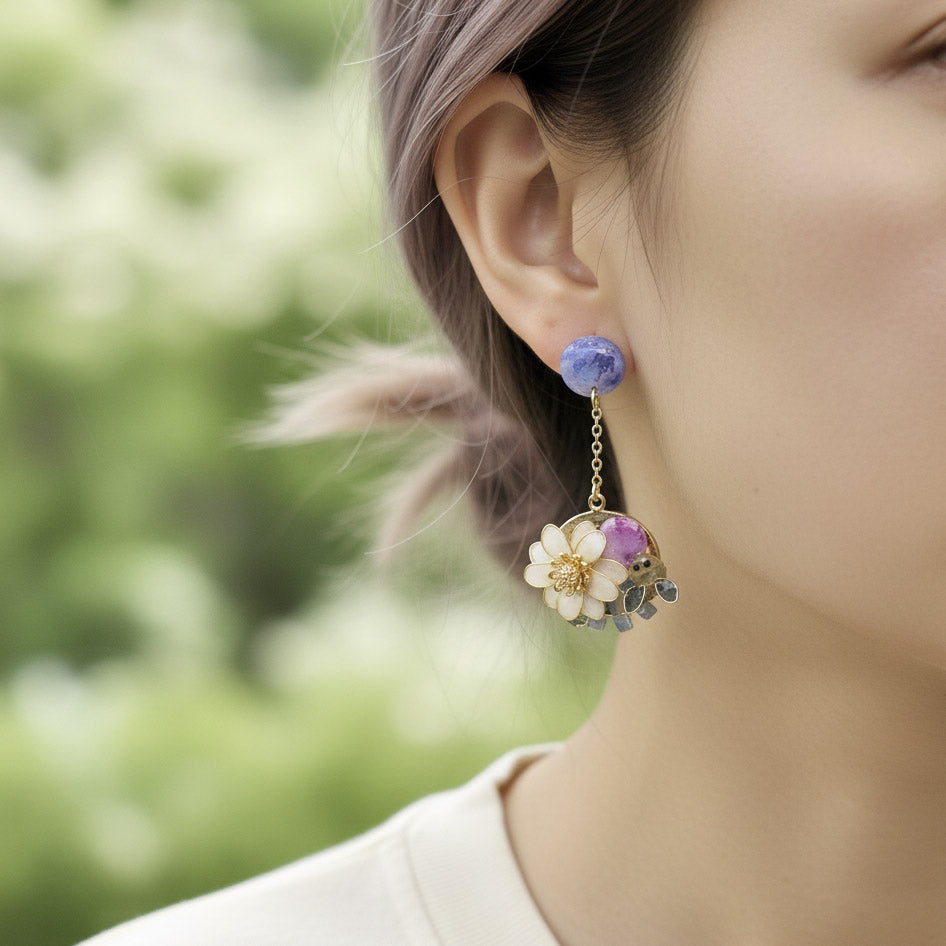 Close-up of a person wearing floral earrings with a blurred green background