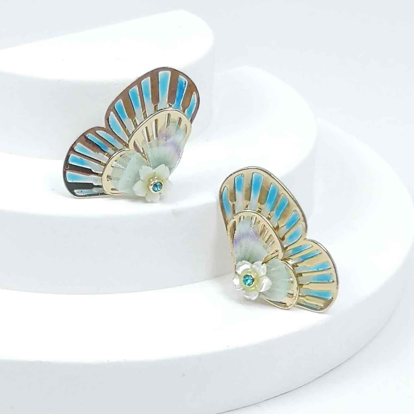 Butterfly Wing Stud Earrings – Resin, MOP Flower & CZ Detail