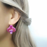 Handcrafted pink orchid enamel earrings with gold hooks and pearl center