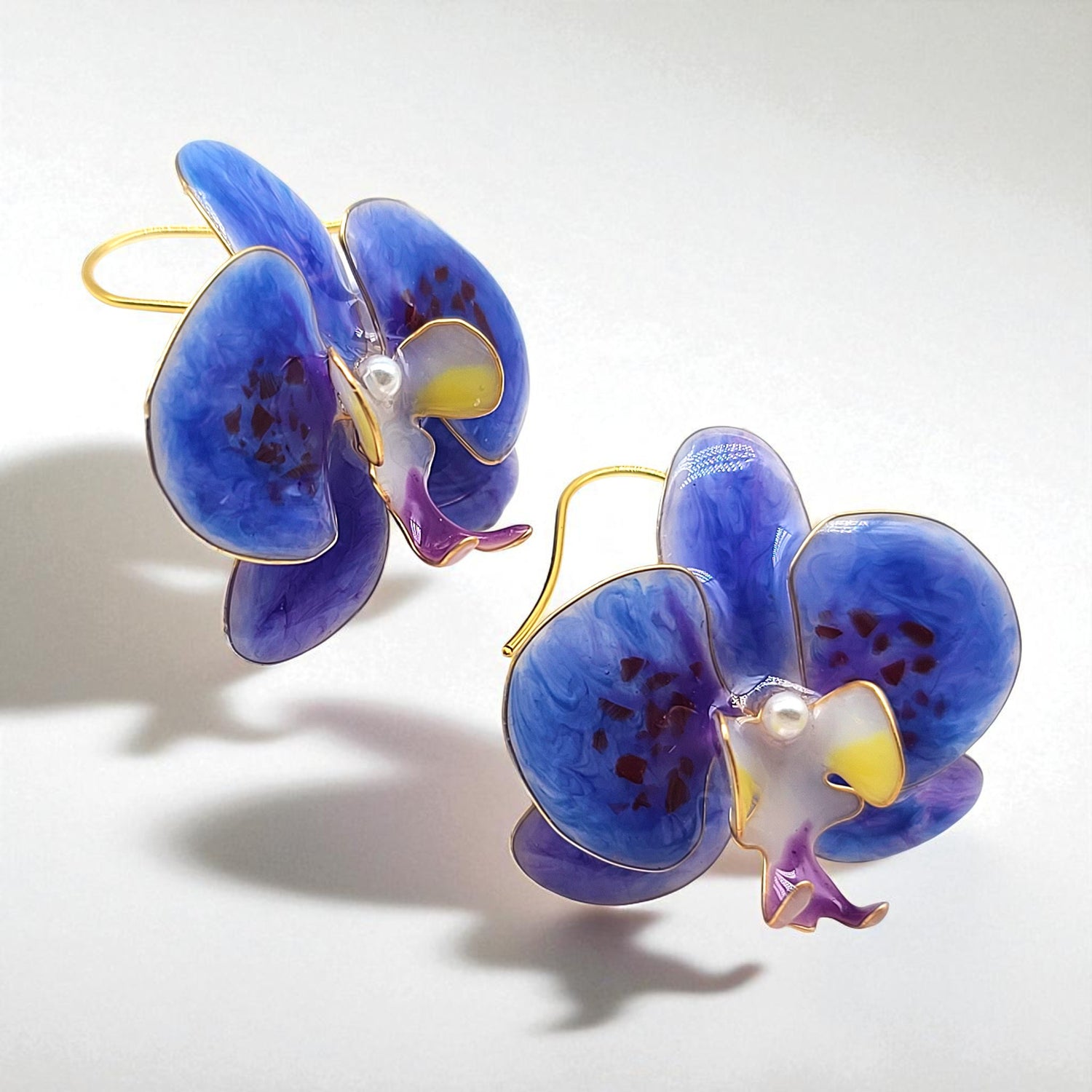 Handcrafted Blue Orchid Flower Earrings – Enamel & Pearl, Gold-Plated