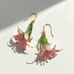 Floral earrings with pink flowers and green leaves on a white background