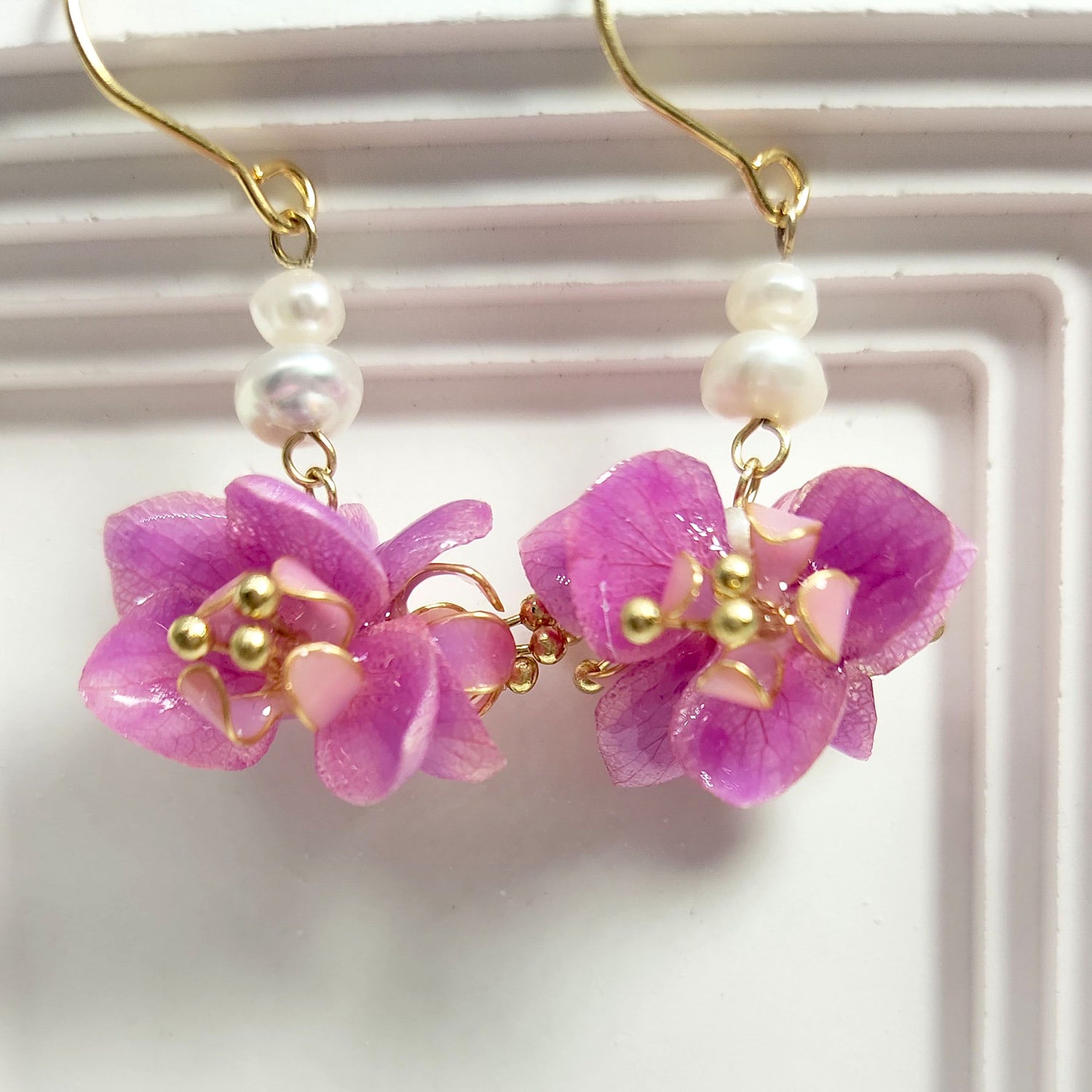 Pink Flower Fresh Water Pearls Drop Earrings