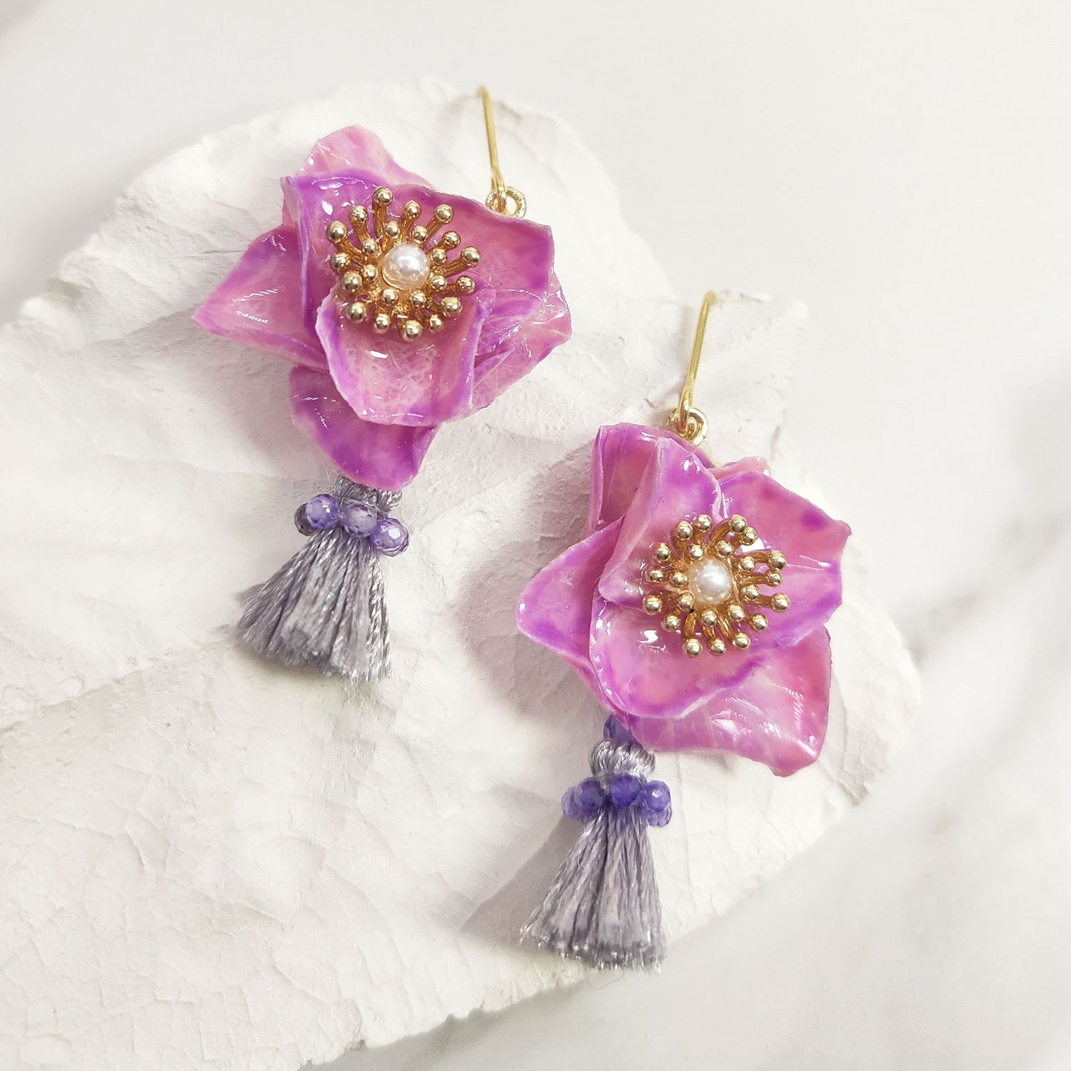 Pink Hydrangea Flower Tassel Earrings
