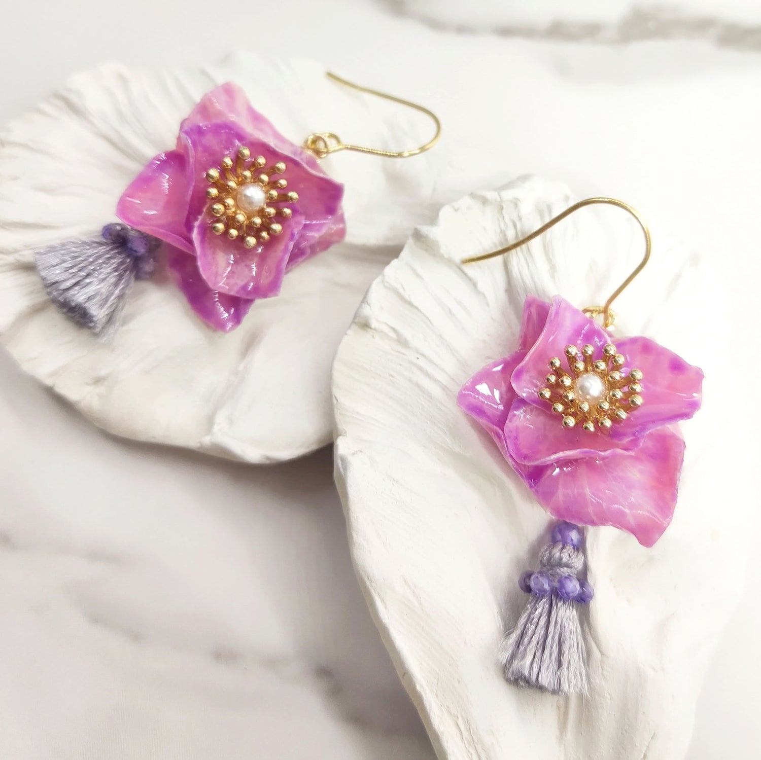 Pink Hydrangea Flower Tassel Earrings