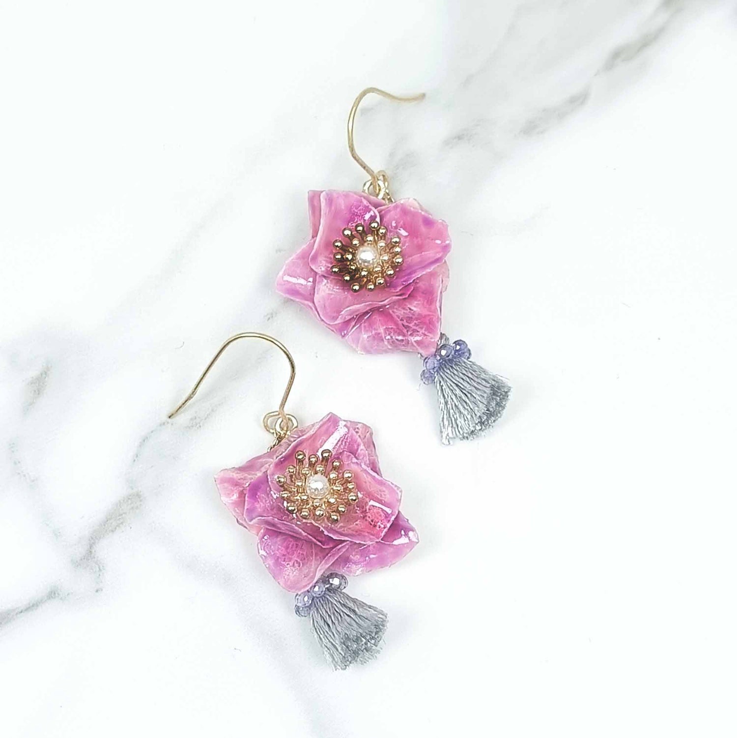 Pink Hydrangea Flower Tassel Earrings