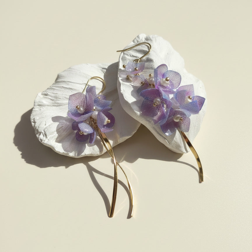 Pair of earrings with purple flower designs on a beige background