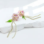 Floral earrings with pearl accents on a white surface