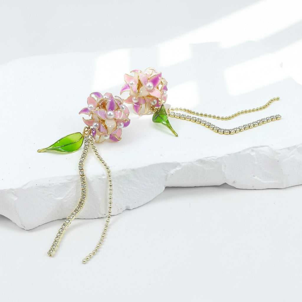 Floral earrings with pearl accents on a white surface