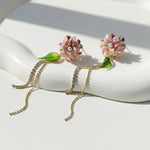 Pair of floral earrings with pearl accents on a white surface