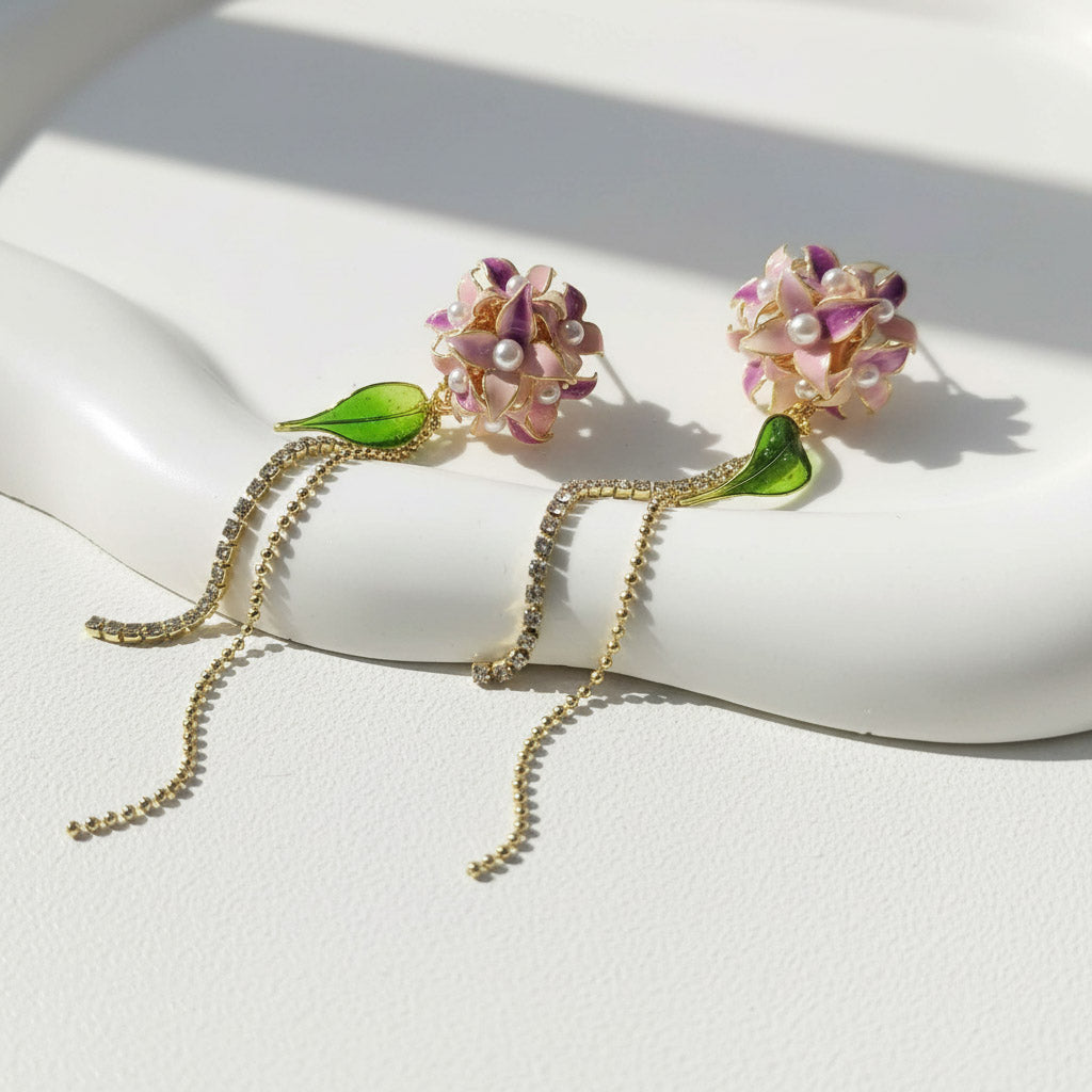 Pair of floral earrings with pearl accents on a white surface