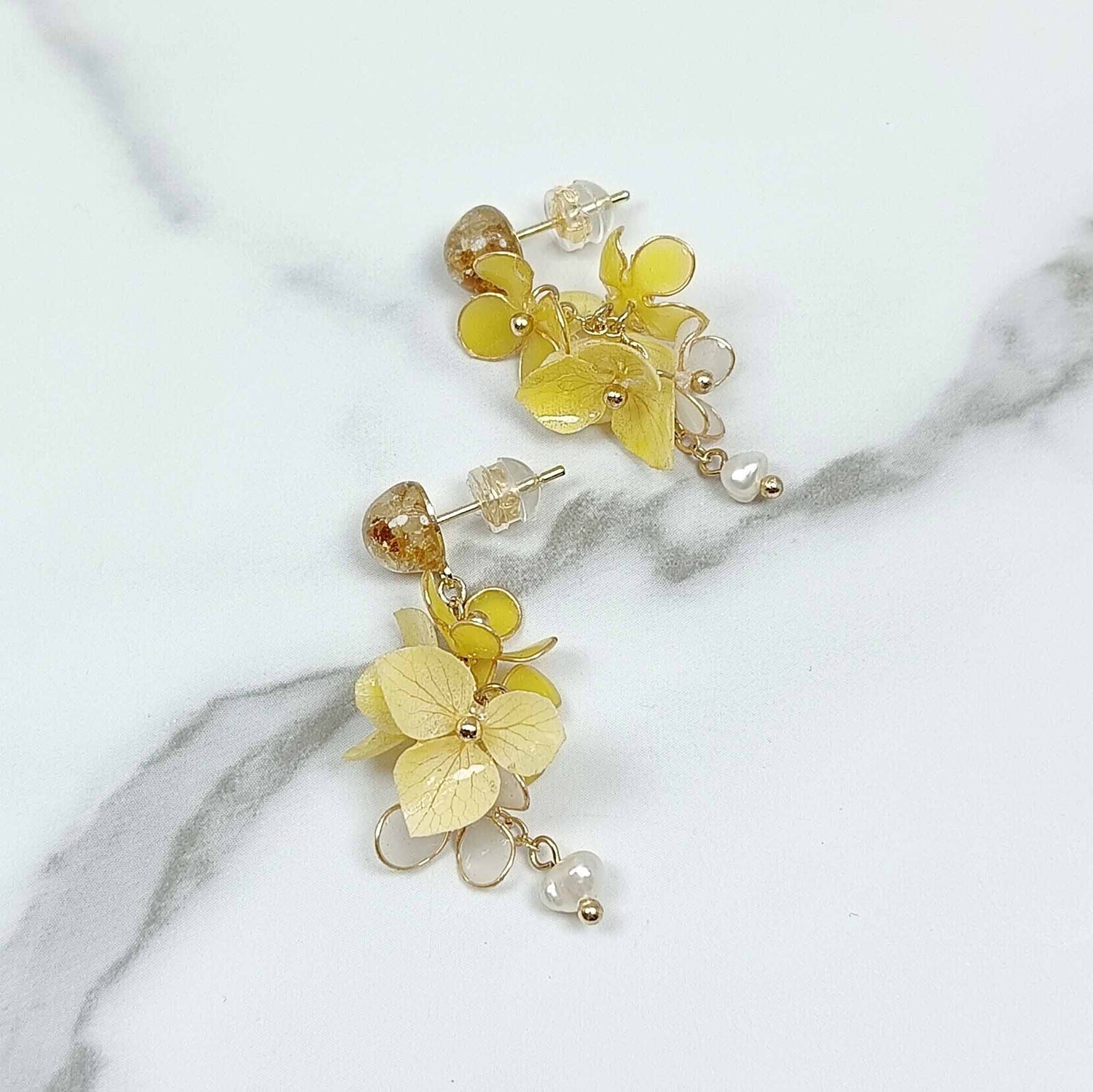 Yellow Flower Pearl Drop Earrings