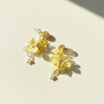 Yellow floral earrings on a light beige background