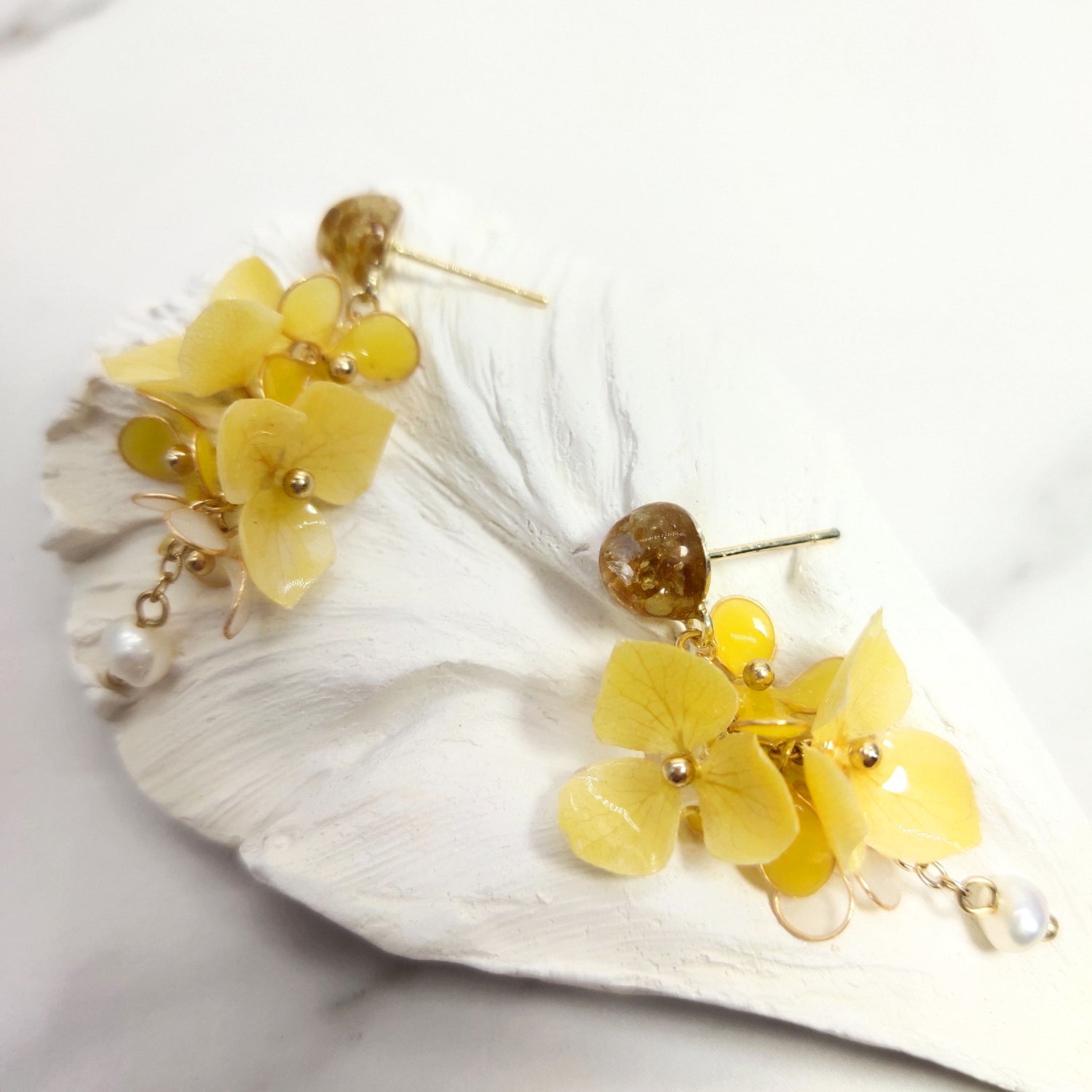 Yellow Flower Pearl Drop Earrings