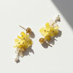 Yellow floral earrings with pearl accents on a light background