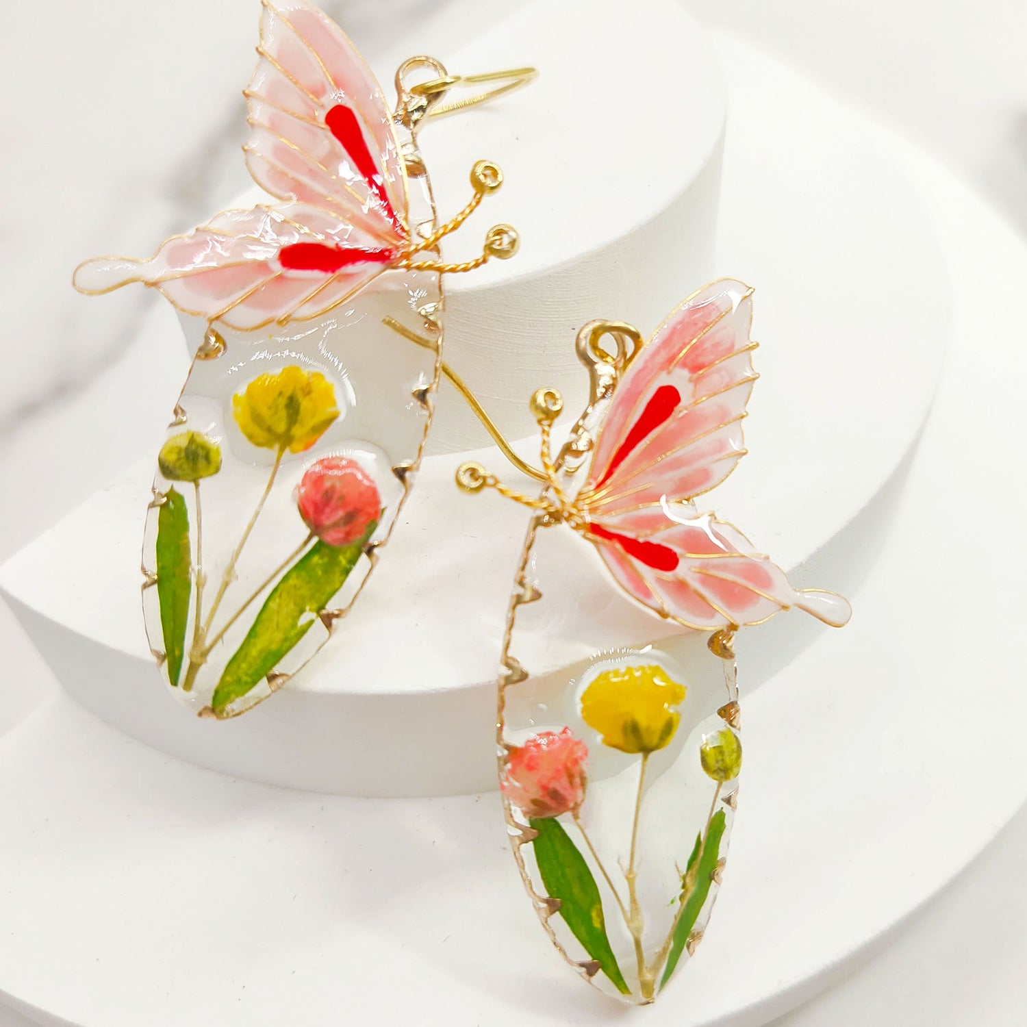 Pink Butterfly Daffodil Flower Teardrop Earrings