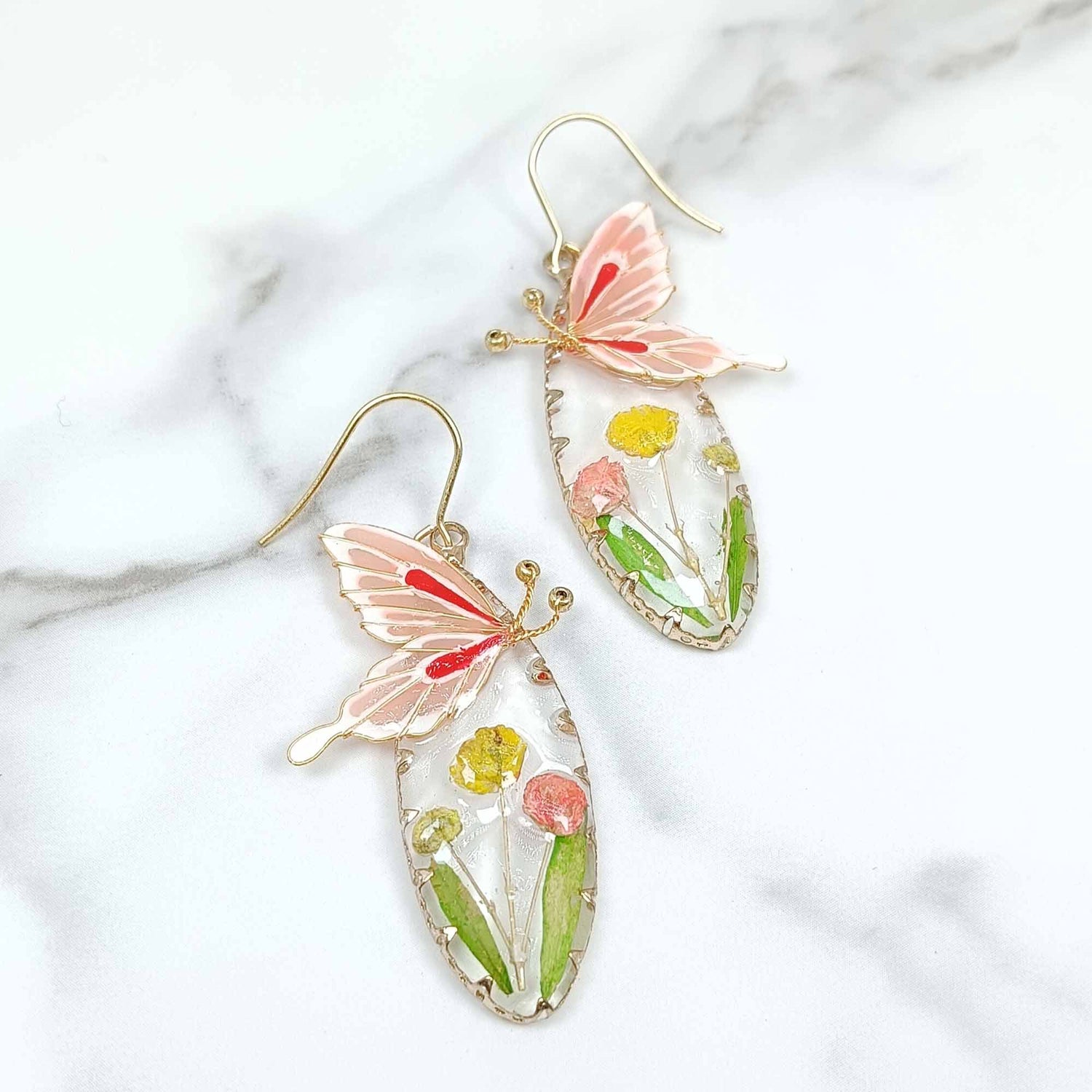 Pink Butterfly Daffodil Flower Teardrop Earrings