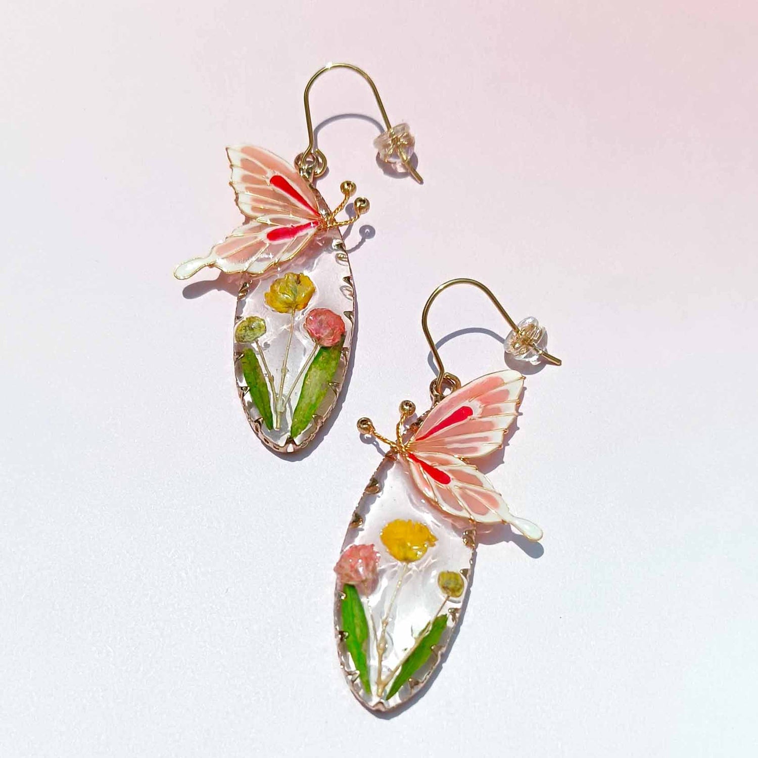 Pink Butterfly Daffodil Flower Teardrop Earrings