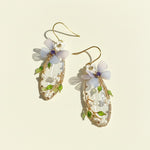 Handpainted lavender petal and pearl vine earrings on neutral background.