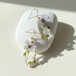 Floral oval drop earrings with gold-plated vines and mother-of-pearl details.