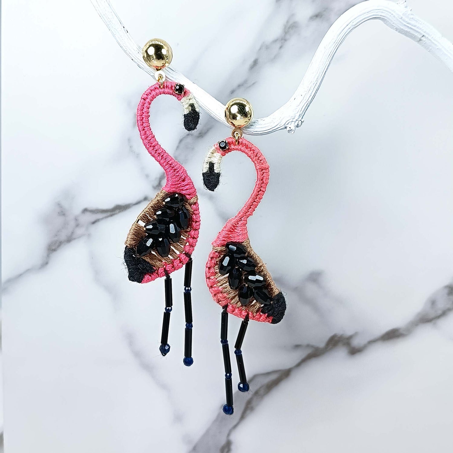 Handwoven Flamingo Earrings – Beaded Statement Drop with Gold Studs