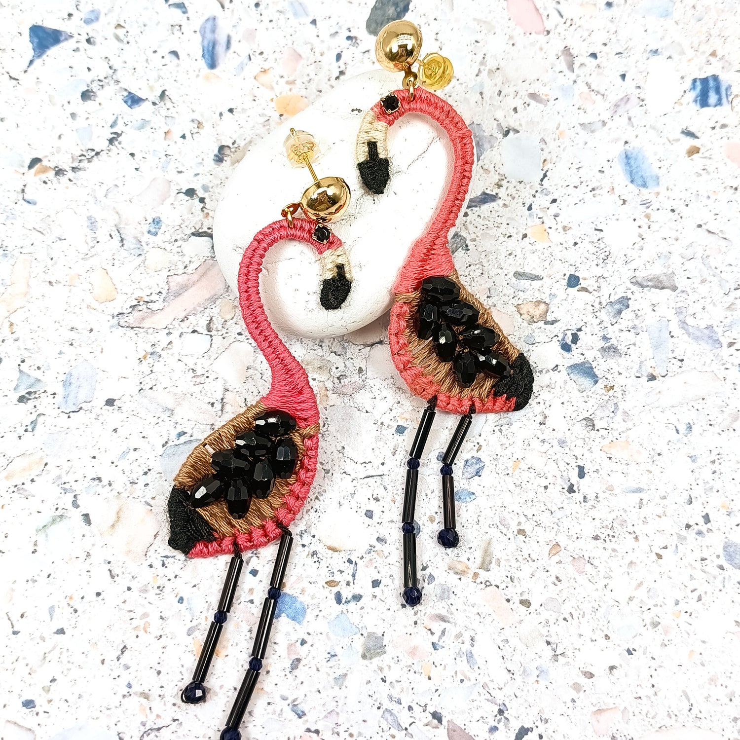 Handwoven Flamingo Earrings – Beaded Statement Drop with Gold Studs