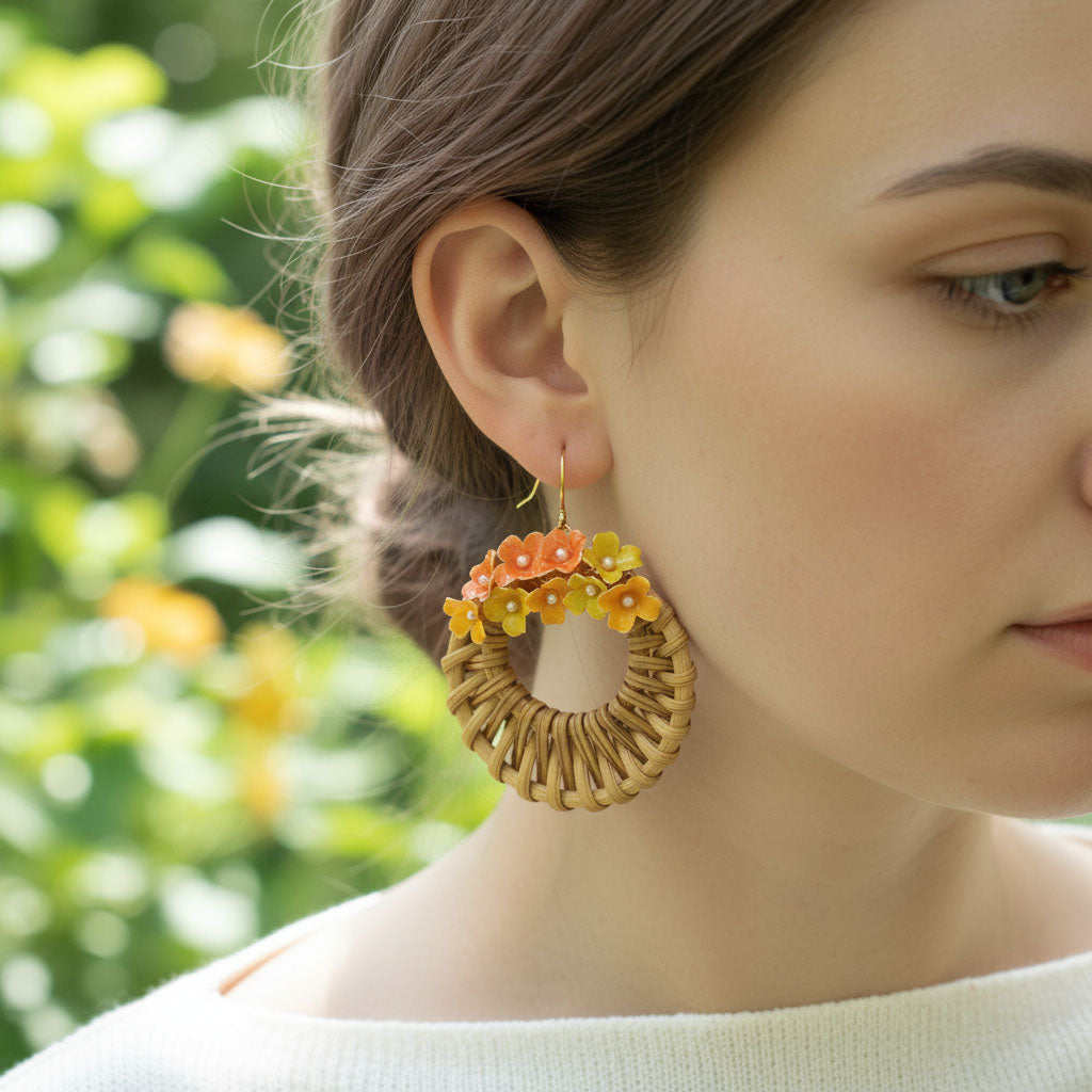 Close-up of a woman wearing a floral hoop earring with a blurred green background