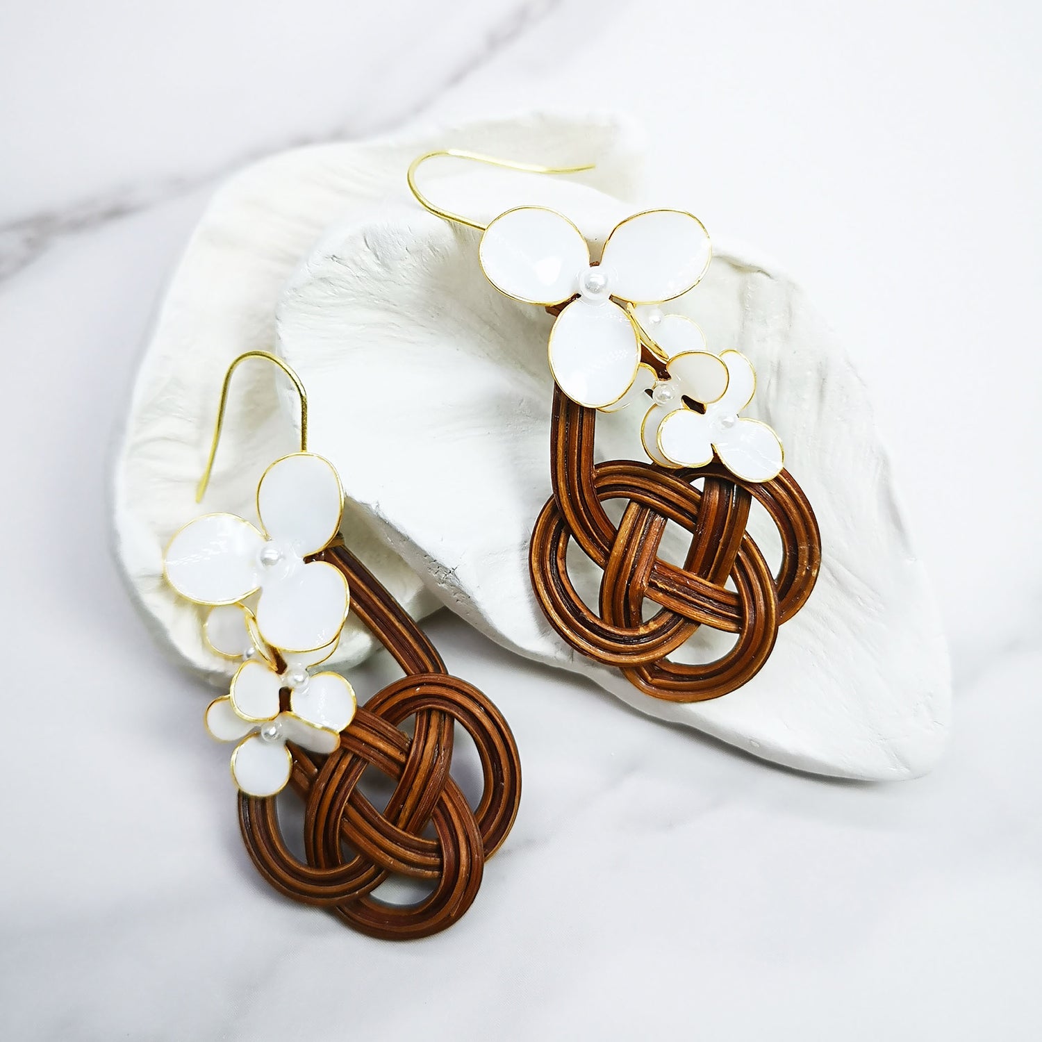 White Flower Weaved Wicker Teardrop Earrings
